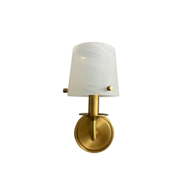 WL305-BB Single Brushed Brass Sconce with Curved Arm and White Swirl Glass 1