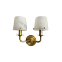 WL306-BB Double Brushed Brass Sconce with Curved Arm and White Swirl Glass 1