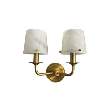 WL306-BB Double Brushed Brass Sconce with Curved Arm and White Swirl Glass 1