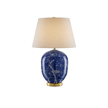 Currey & Company 6000-0793 Sakura 1 Light Table Lamp in Blue/White/Raffia 1