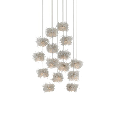 Currey & Company 9000-0698 Birds Nest Round 15-Light Multi-Drop Pendant in Painted Silver/Clear 1