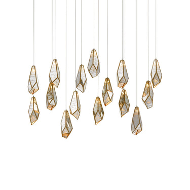 Currey & Company 9000-0706 Glace Rectangular 15-Light Multi-Drop Pendant in Painted Silver/Antique Brass 1