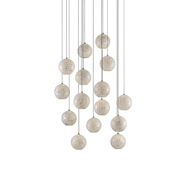 Currey & Company 9000-0719 Finhorn Round 15-Light Multi-Drop Pendant in Painted Silver/Pearl 1