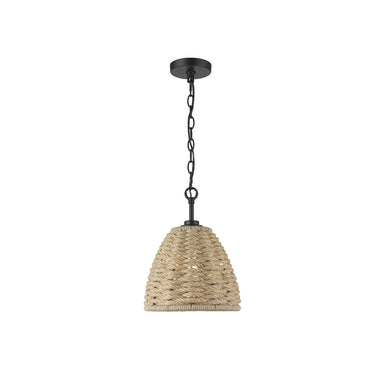 Golden Lighting 1073-M1L BLK Hathaway Mini Pendant in Matte Black with Woven Hemp Rope Shade - Crescent Harbor