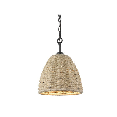 Golden Lighting 1073-M1L BLK Hathaway Mini Pendant in Matte Black with Woven Hemp Rope Shade - Crescent Harbor