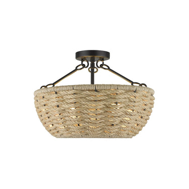 Golden Lighting 1073-SF BLK Hathaway Semi-Flush in Matte Black with Woven Hemp Rope Shade - Crescent Harbor