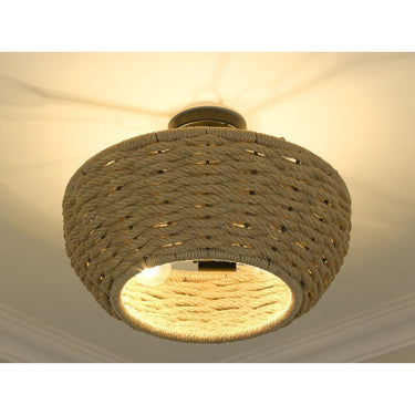Golden Lighting 1073-SF BLK Hathaway Semi-Flush in Matte Black with Woven Hemp Rope Shade - Crescent Harbor