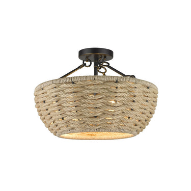 Golden Lighting 1073-SF BLK Hathaway Semi-Flush in Matte Black with Woven Hemp Rope Shade - Crescent Harbor