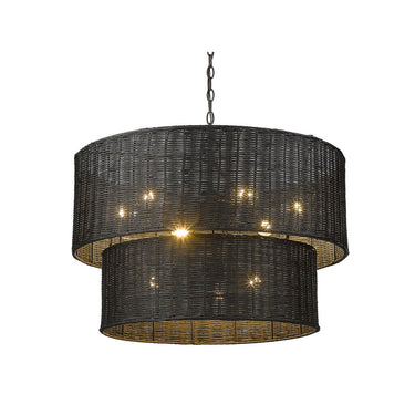 Golden Lighting 1084-9 BLK-BW Erma 9 Light Chandelier in Matte Black with Black Wicker - Crescent Harbor