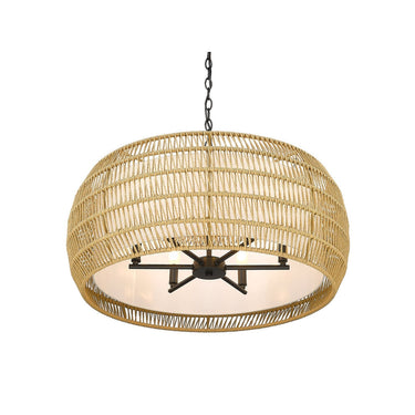 Golden Lighting 6805-6 BLK-NR Everly 6 Light Chandelier in Matte Black with Natural Rattan - Crescent Harbor