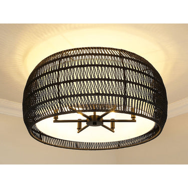 Golden Lighting 6805-6SF BLK-NR Everly 6 Light Semi-Flush in Matte Black with Natural Rattan - Crescent Harbor