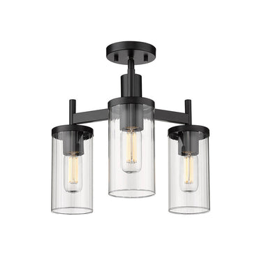 Golden Lighting 7011-3SF BLK-CLR Winslett 3 Light Semi-Flush in Matte Black with Ribbed Clear Glass - Crescent Harbor