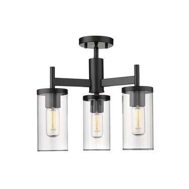 Golden Lighting 7011-3SF BLK-CLR Winslett 3 Light Semi-Flush in Matte Black with Ribbed Clear Glass - Crescent Harbor