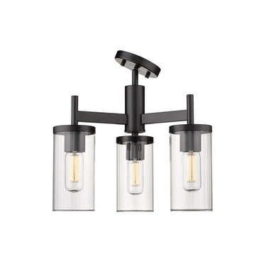 Golden Lighting 7011-3SF BLK-CLR Winslett 3 Light Semi-Flush in Matte Black with Ribbed Clear Glass - Crescent Harbor