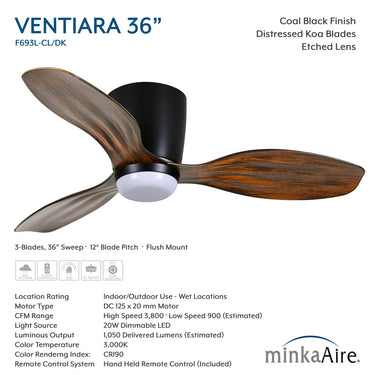 Minka Aire Ventiara 36" LED Flush Mount Indoor/Outdoor Ceiling Fan - F693L 1