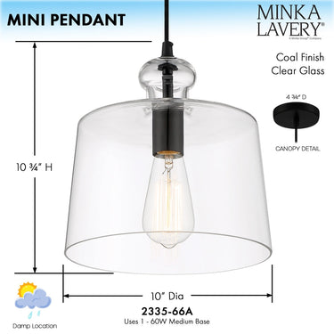 Minka Lavery 2335-66A Mini Pendant - 1 Light Mini Pendant in Coal 3