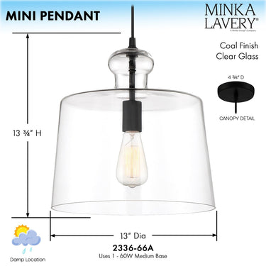 Minka Lavery 2336-66A Mini Pendant - 1 Light Mini Pendant in Coal 2