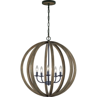 Visual Comfort Studio F2936/5WOW/AF Medium Pendant in Weathered Oak Wood / Antique Forged Iron